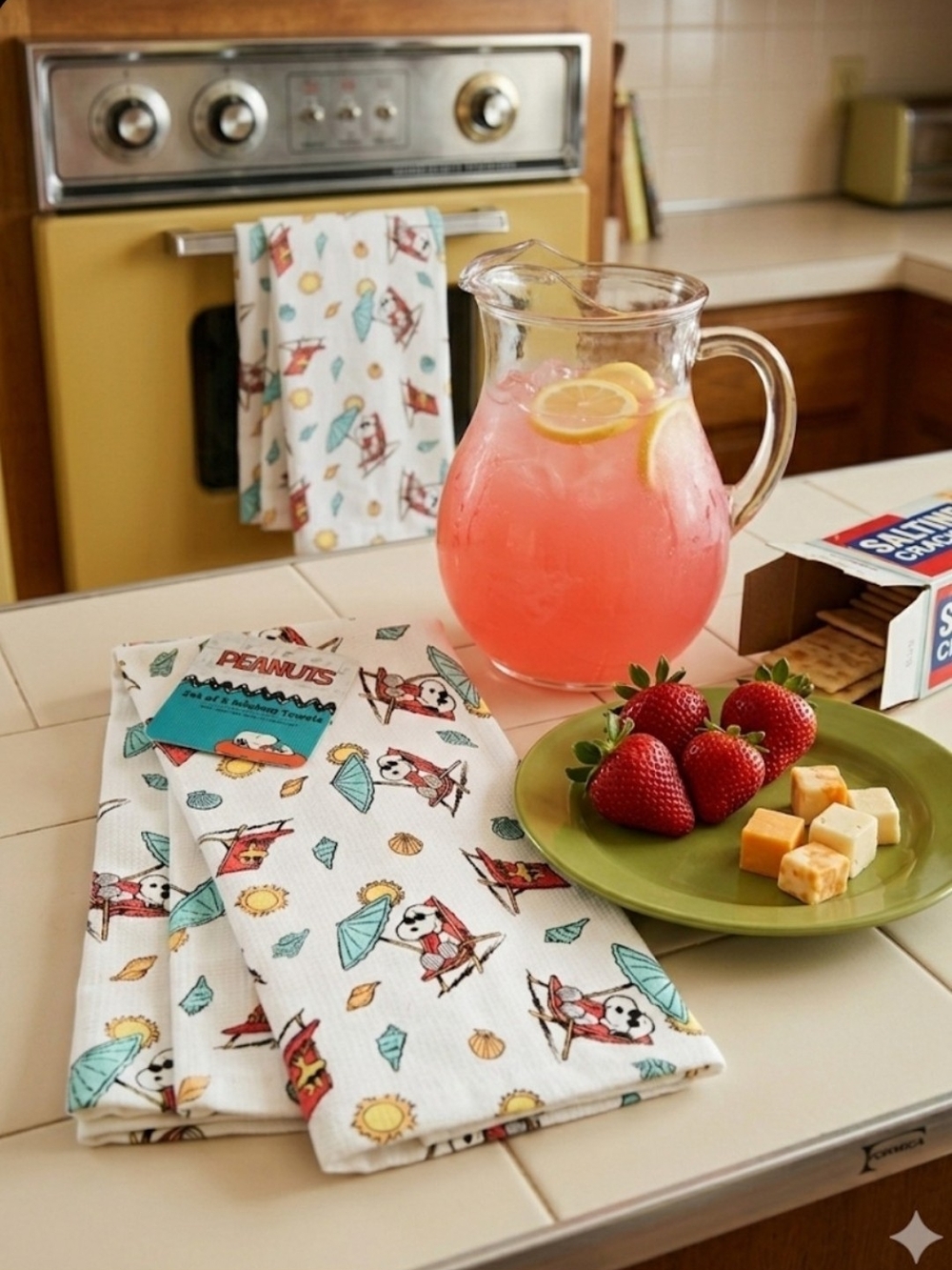 Peanuts Kitchen Towel Set with Beach Snoopy Print in White, Teal, Red, Yellow